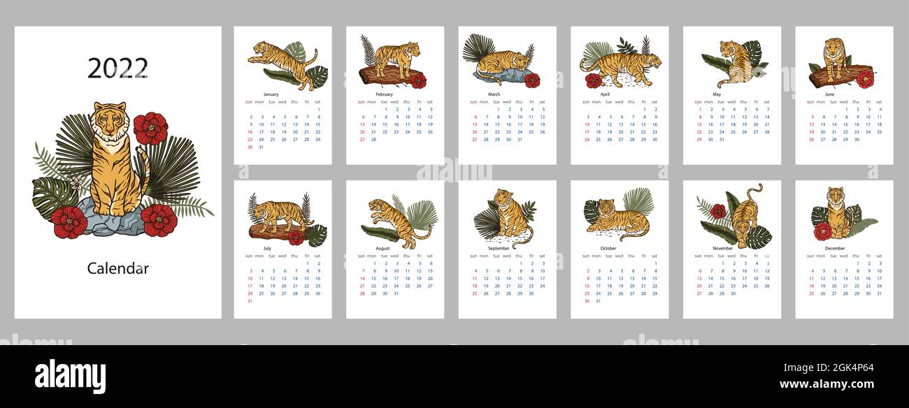 Calendario Tiger 2022. Plantilla imprimible de Año Nuevo Chino. Dibujos  animados animales fecha mes día festivo diseño vectorial Imagen Vector de  stock - Alamy