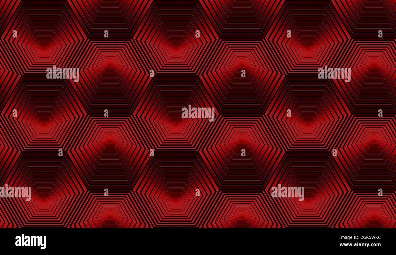 Composición moderna con hexágonos concéntricos de color rojo metálico. Patrón de repetición integrado. Foto de stock