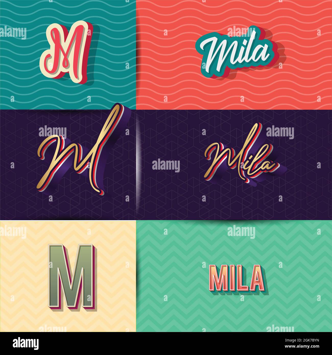 Nombre Mila en varios elementos de diseño gráfico retro, conjunto de ilustración de diseño Nombre Mila en varios elementos de diseño gráfico retro, conjunto de ilustración de diseño