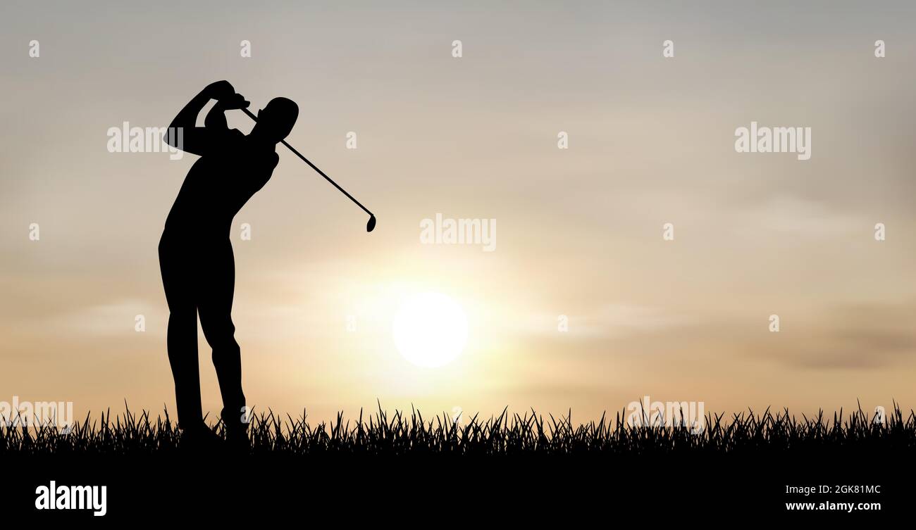 Hombre, golfista contra el fondo del cielo y el sol. Un hombre juega al golf al atardecer. Ilustración del Vector
