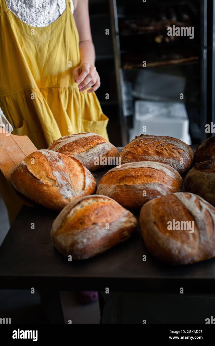 El panadero de la muchacha saca el pan del horno con una pala Foto de stock