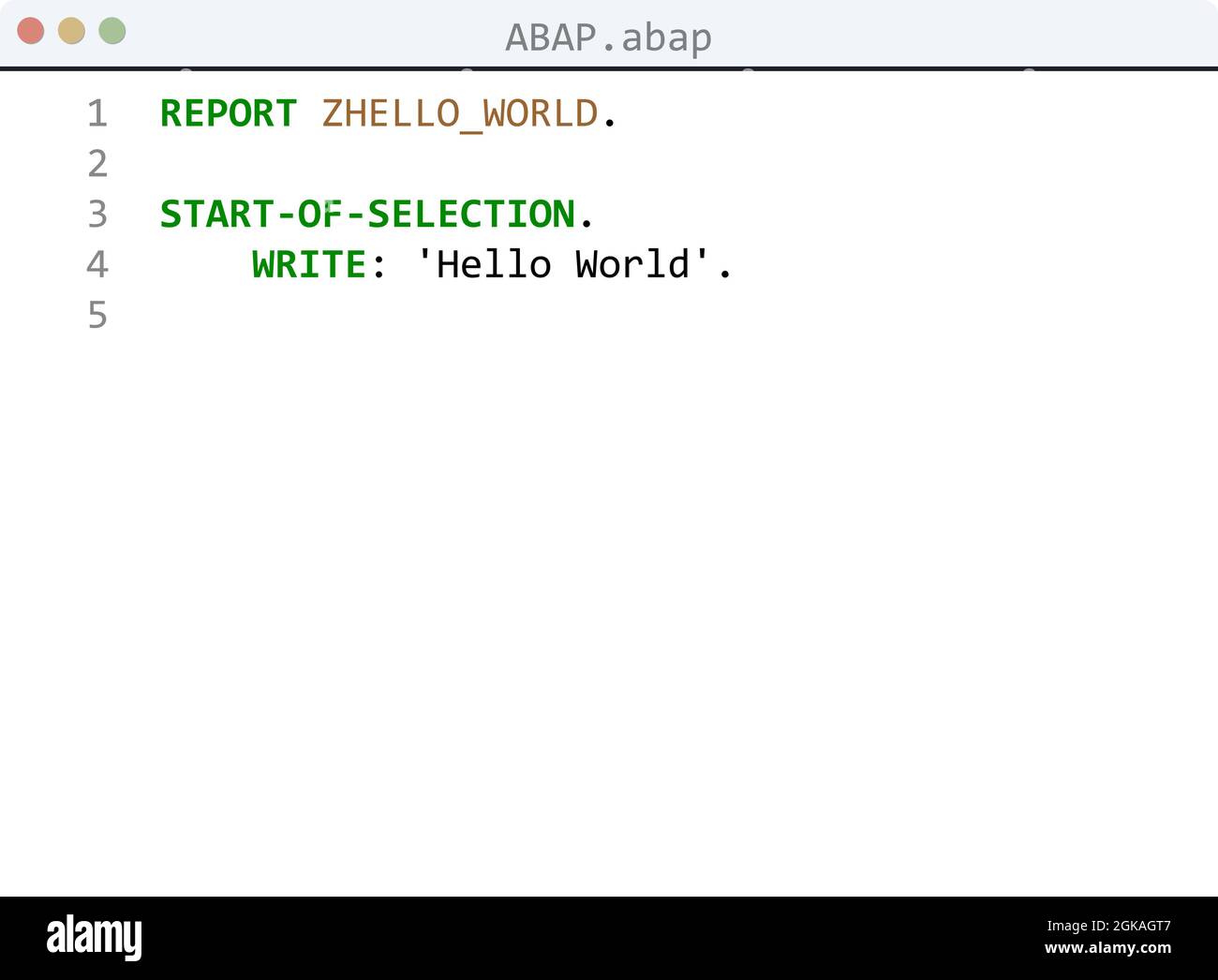 Lenguaje ABAP Ejemplo de programa Hello World en la ilustración de la  ventana del editor Imagen Vector de stock - Alamy