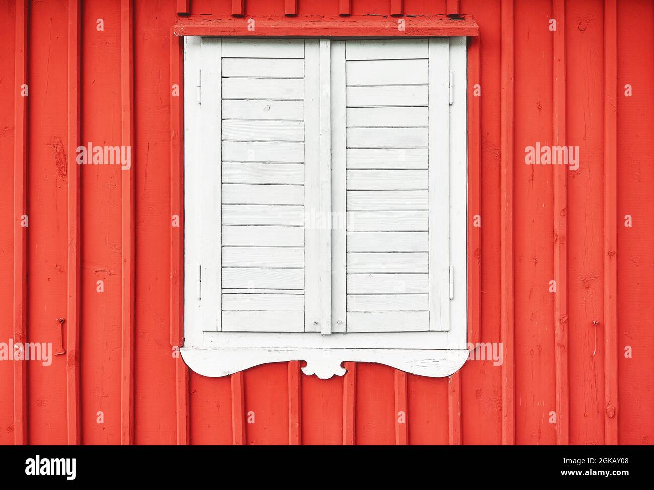 Obturador de madera blanco en una pared roja. Foto de stock