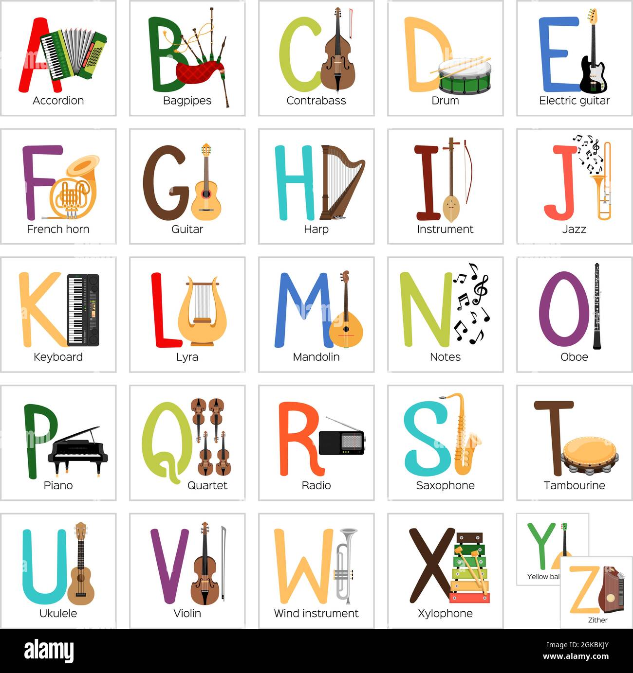Alfabeto con diferentes instrumentos musicales Imagen Vector de stock -  Alamy