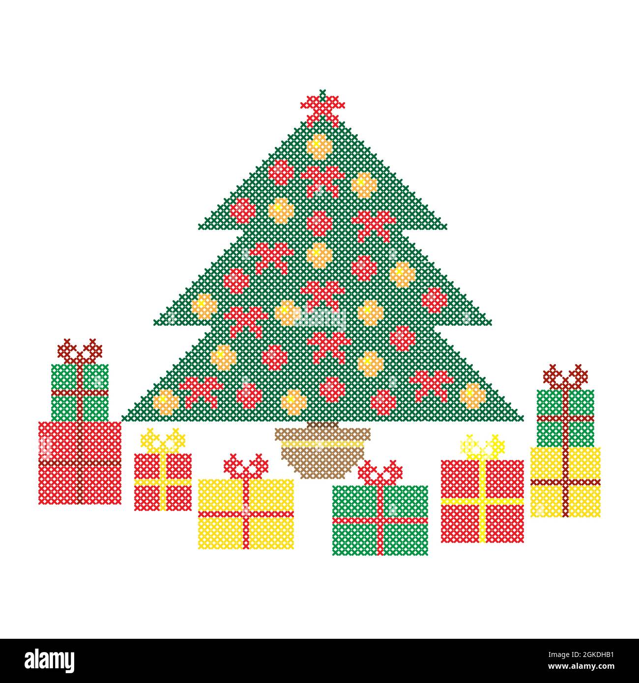 Árbol de Navidad, cajas de regalo. Patrón de bordado, adorno de punto de  cruz, vector Imagen Vector de stock - Alamy