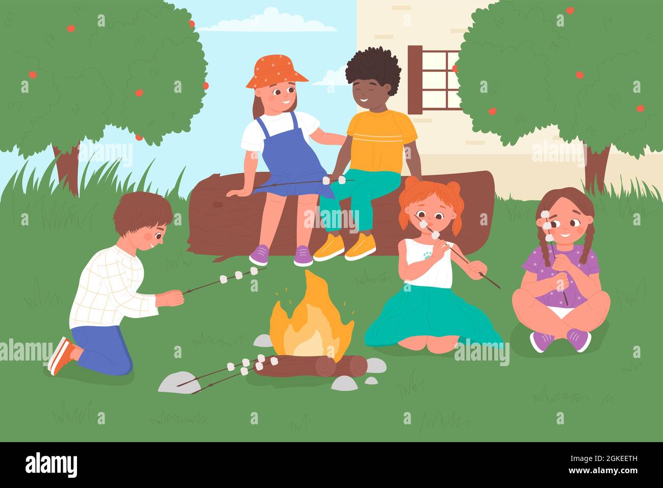 Niños en picnic divertido con campamento de bomberos, cocina malvavisco en el jardín del parque de verano o ilustración vectorial en el patio trasero. Dibujos animados niña niño tostar malvavisco, niños felices jugando juntos de fondo Ilustración del Vector