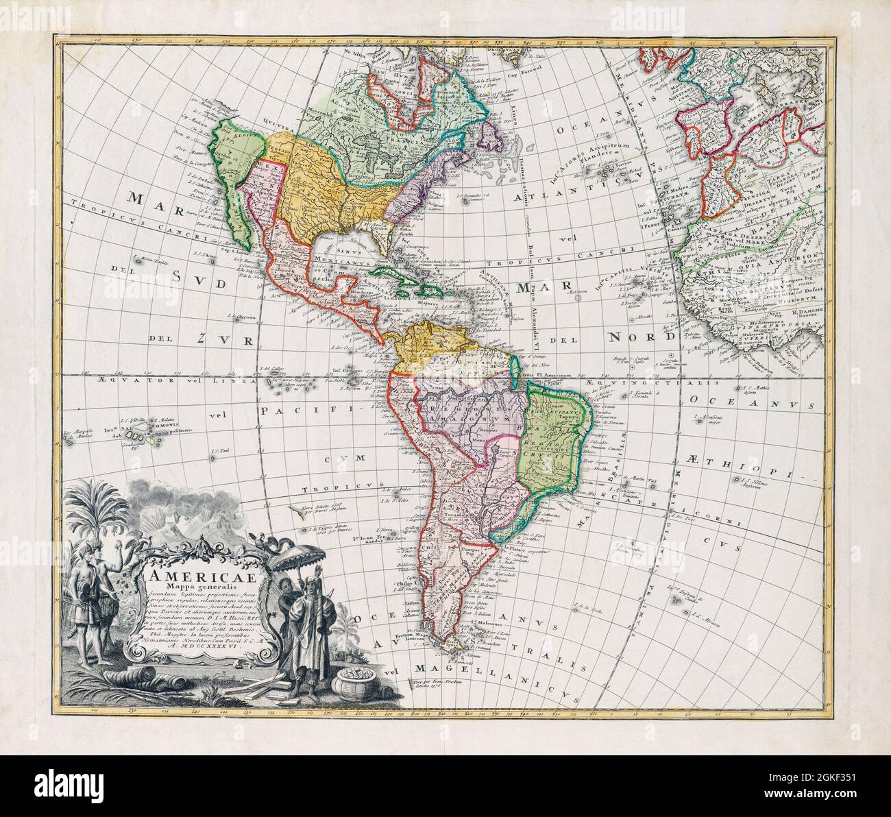 Mapa de las Américas, Americae Mappa Generalis, del cartógrafo Johan Baptist Homann, 1664 - 1724, y re-publicado en 1746 por Homann Hereders, una compañía formada por el hijo de Johann y otros. Una curiosidad del mapa es que muestra el Paso del Noroeste que, aunque muy buscado, no fue hecho hasta la expedición de 1903-1906 dirigida por Roald Amundsen. Foto de stock