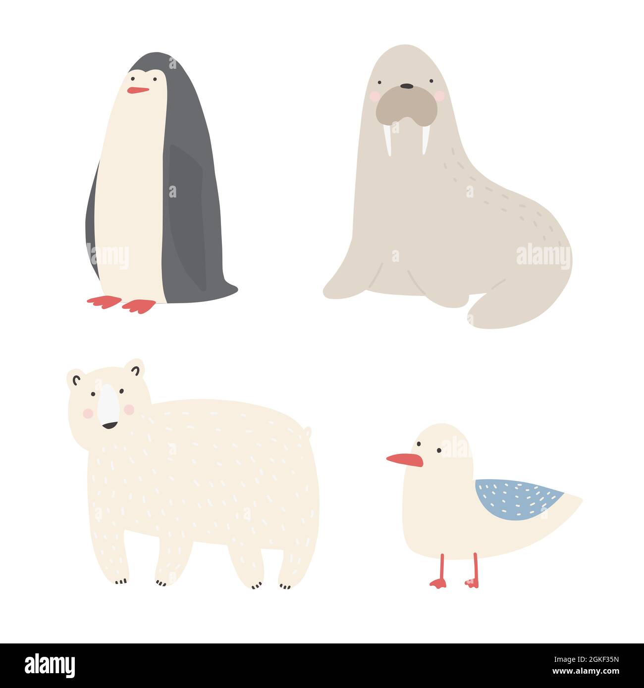 Colección de lindos animales polares, aves, mamíferos marinos que habitan  en el ártico y la antártida aislados en fondo blanco. conjunto de fauna  polar. ilustración de vector de color brillante en estilo