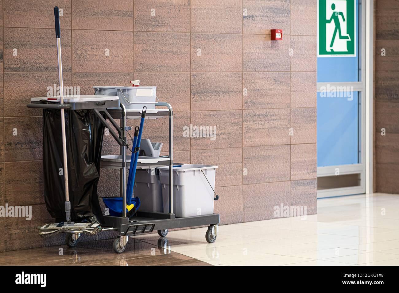 Juego universal para la limpieza en húmedo de las instalaciones del centro  comercial. Empresa de limpieza moderna, kit de limpieza en un carrito con  ruedas, excelente diseño para cualquier p Fotografía de