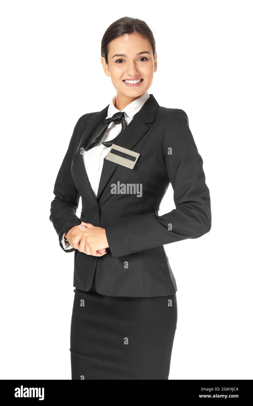 Recepcionista de hotel femenino en uniforme sobre fondo blanco Fotografía  de stock - Alamy