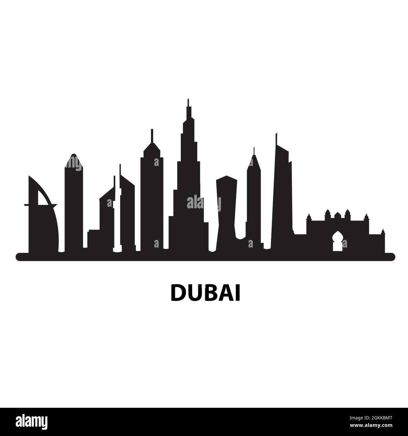 Dubai ciudad negra sobre fondo blanco. Cartel del horizonte de Dubai y sus monumentos. Emiratos Árabes Dubai Ciudad símbolo. Perfil de la silueta de los Emiratos Árabes Unidos en Dubái. Estilo plano. Foto de stock