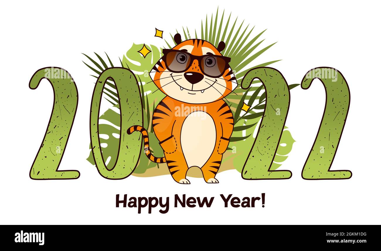 Feliz año nuevo 2022, Año Nuevo Chino, tarjeta de felicitación con lindo  tigre de dibujos animados en gafas de sol, ilustración vectorial Imagen  Vector de stock - Alamy