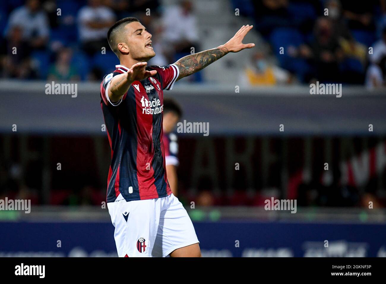 Bolonia, Italia. 13th de Sep de 2021. Kevin Bonifazi (Bolonia) gestos de retrato durante Bolonia FC vs Hellas Verona FC, fútbol italiano Serie A partido en Bolonia, Italia, septiembre de 13 2021 Crédito: Agencia de fotos independiente / Alamy Live News Foto de stock