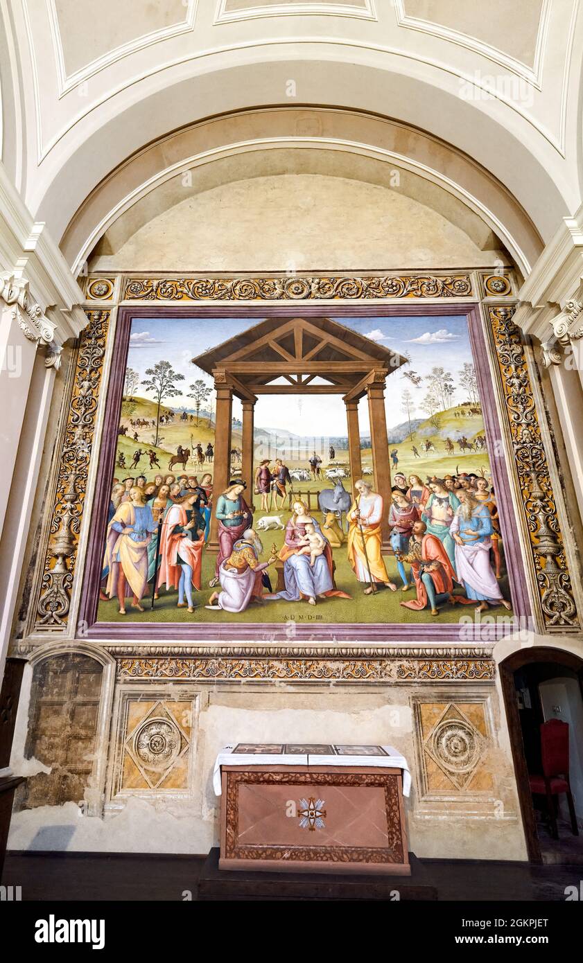 Città della Pieve Umbria Italia. Iglesia de Santa Maria dei Bianchi. Adoración del fresco de Magi por Perugino Foto de stock