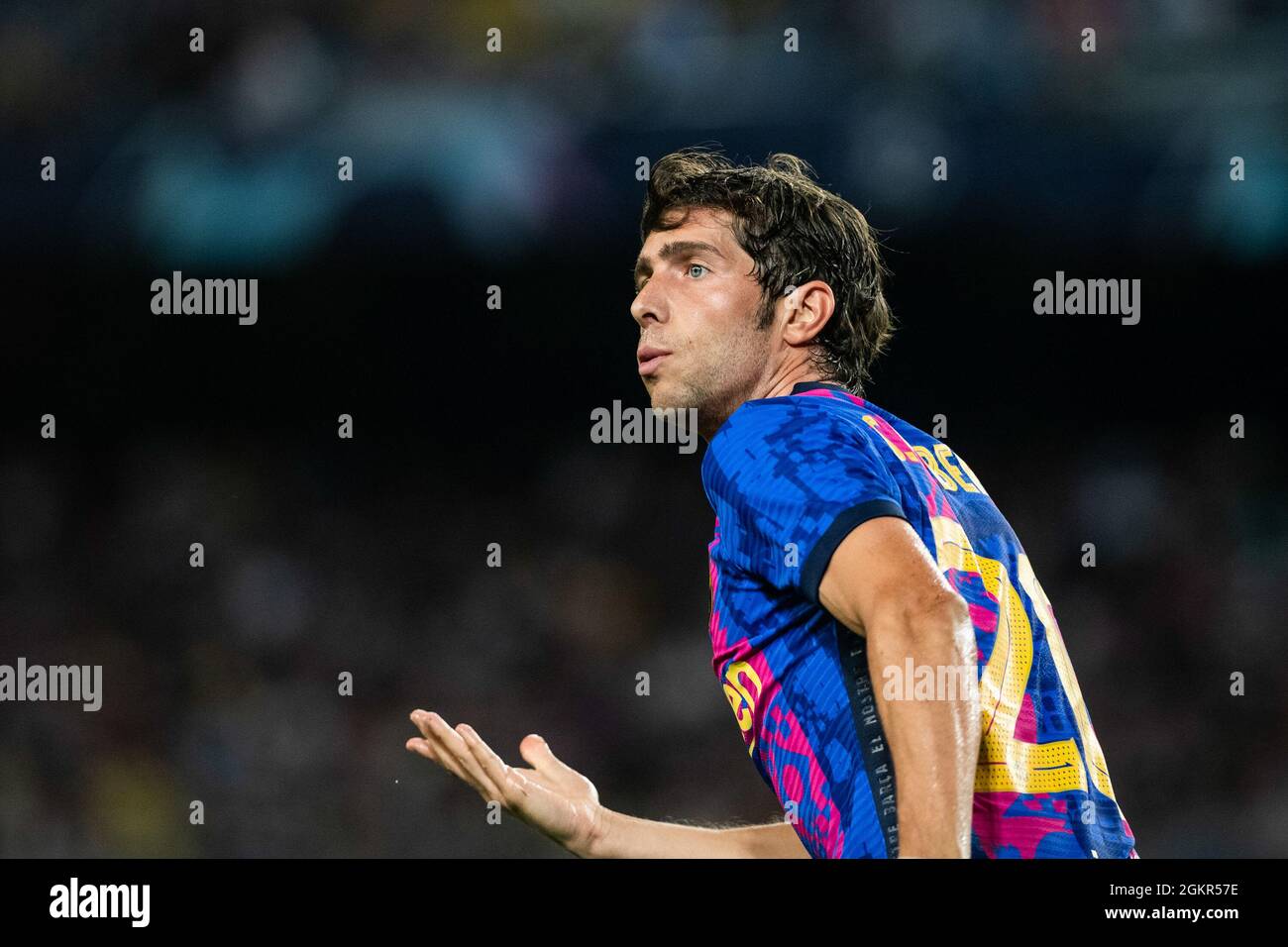 Barcelona, España, 14 de septiembre de 2021, Sergi Roberto FC Barcelona Gestos Durante la Liga de Campeones de la UEFA, partido de fútbol jugado entre el FC Barcelona y el Bayern Munich en el Camp Nou Stadium el 14 de septiembre de 2021, en Barcelona, España - Foto: Marc González Aloma/DPPI/LiveMedia Foto de stock