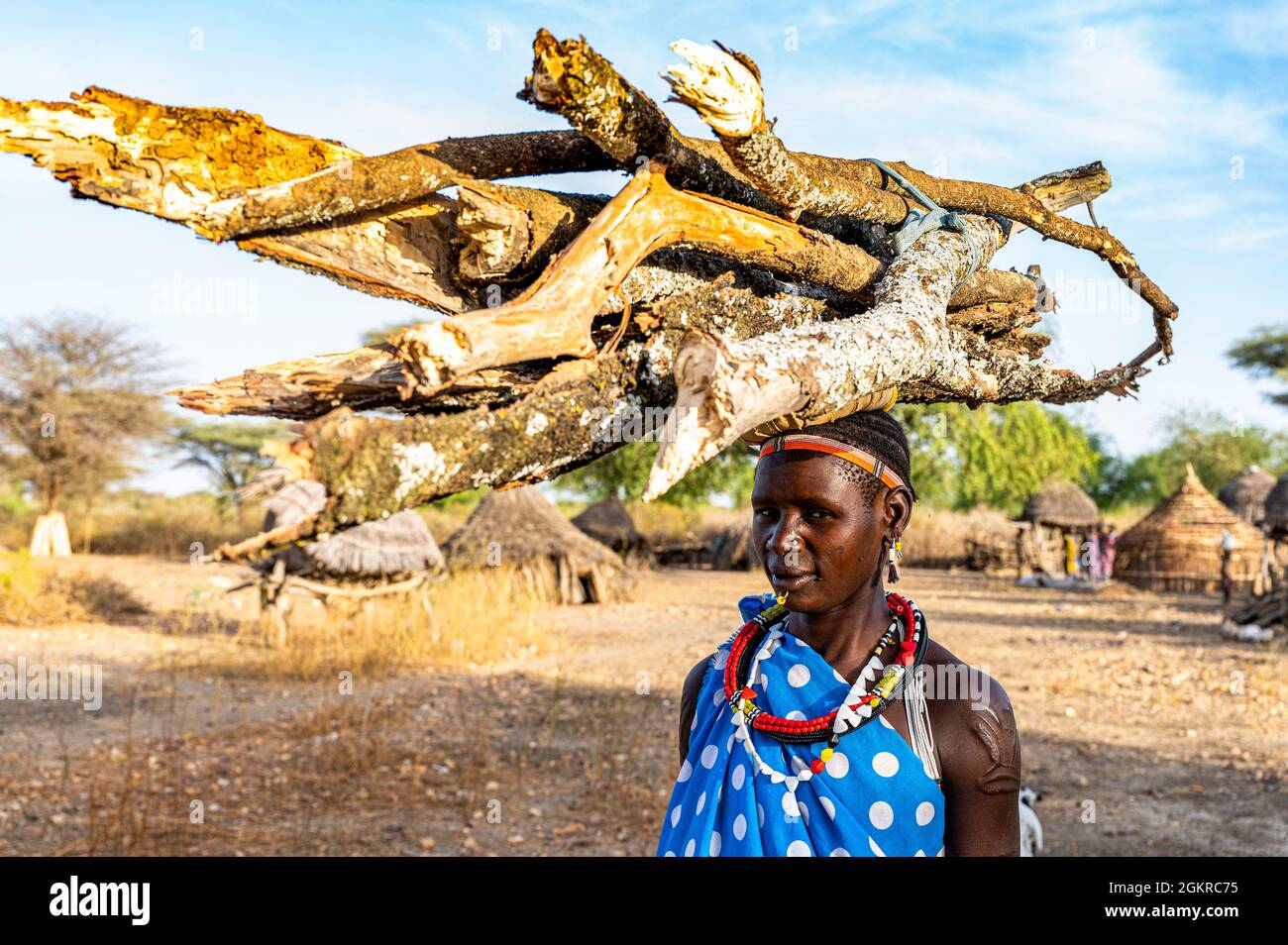 Mujer cargando leña sobre su cabeza, tribu Toposa, Ecuatoria Oriental, Sudán del Sur, África Foto de stock