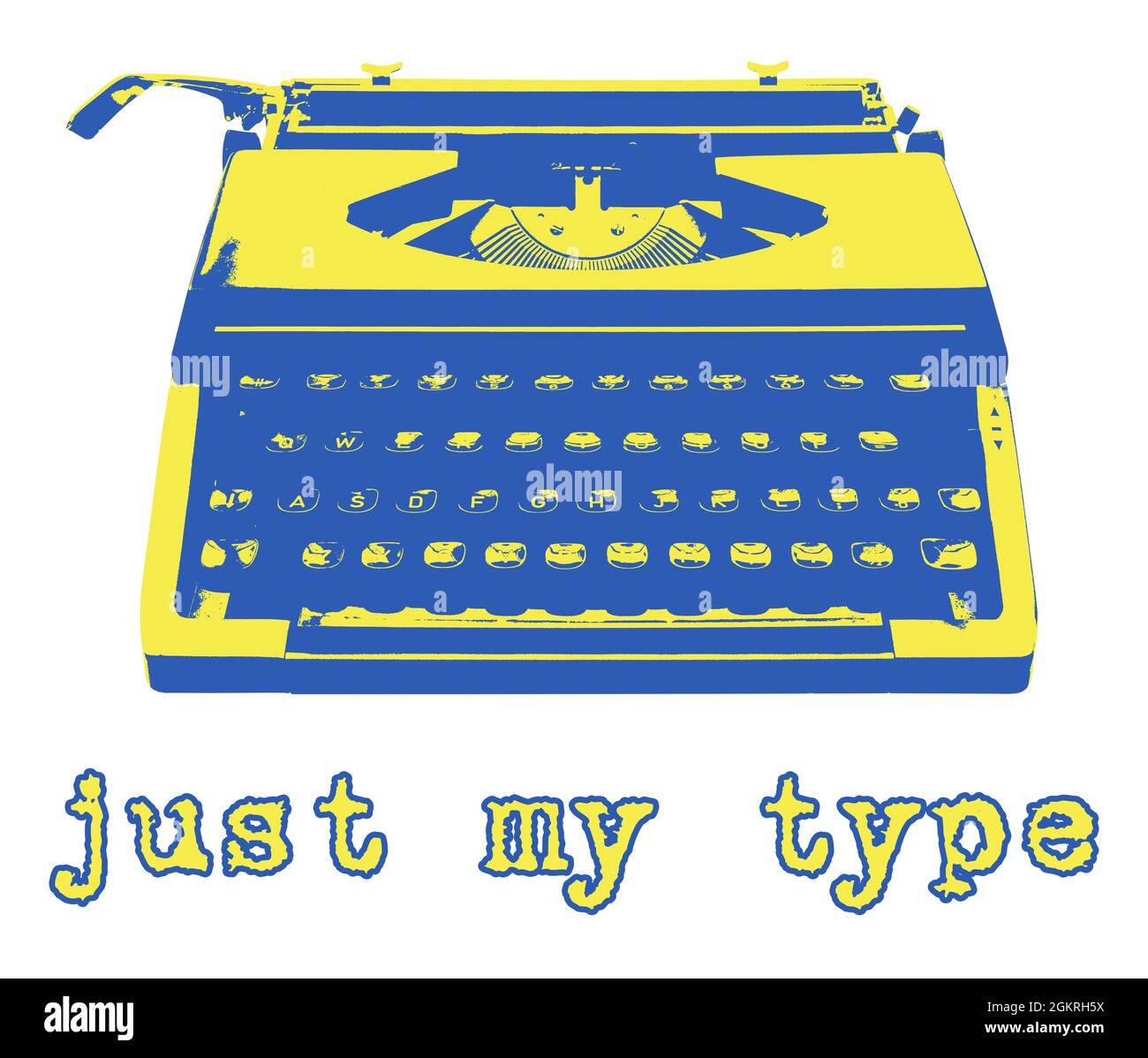 Imagen de un concepto de duotono azul y amarillo de una máquina de escribir manual antigua con el título 'Sólo mi tipo', sobre un fondo blanco Foto de stock
