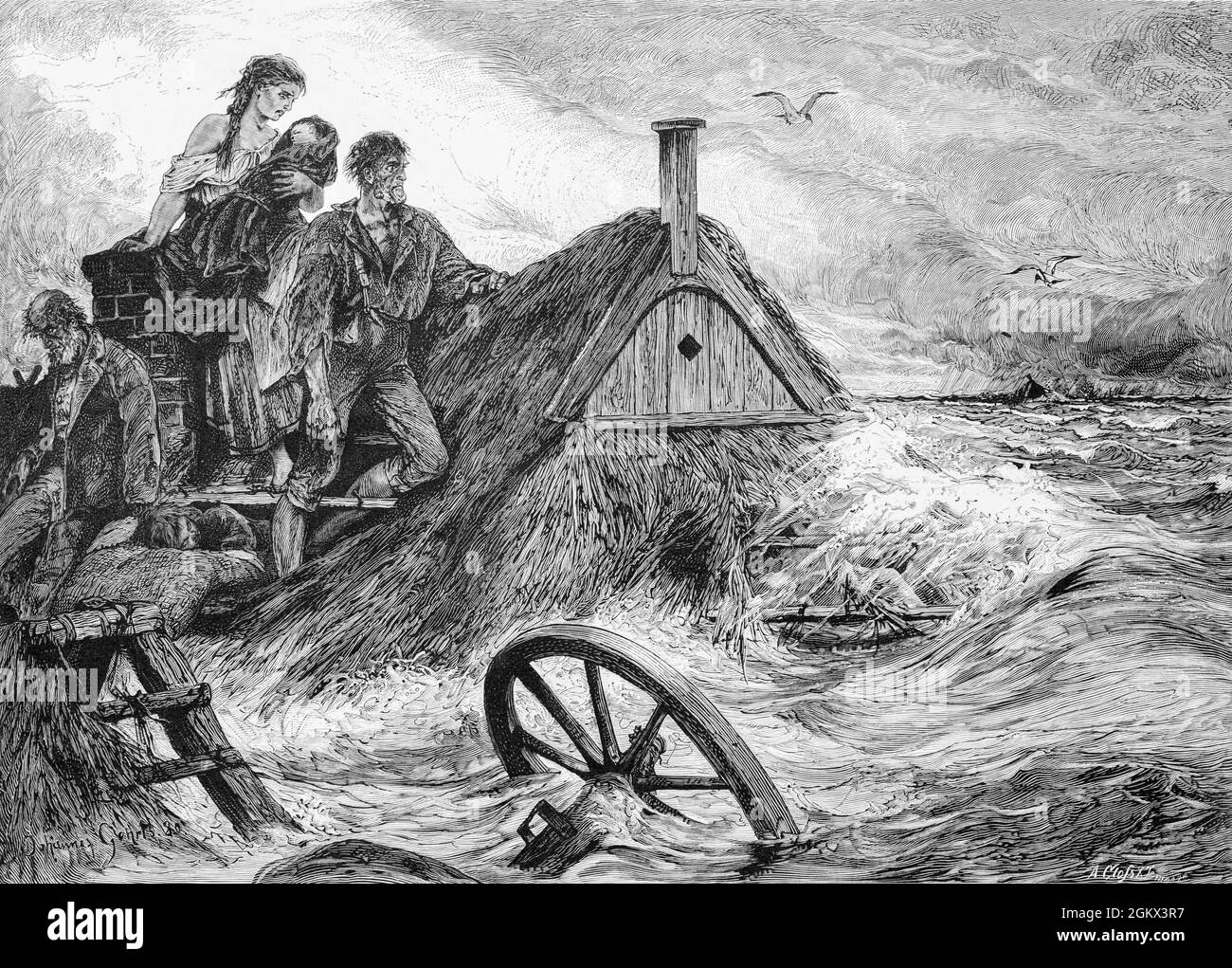 Familia pobre en el techo de su cabaña de paja en una inundación y tormenta del Mar Báltico, Mecklemburgo-Pomeranis Occidental, Alemania Oriental, ilustración 1880, Foto de stock