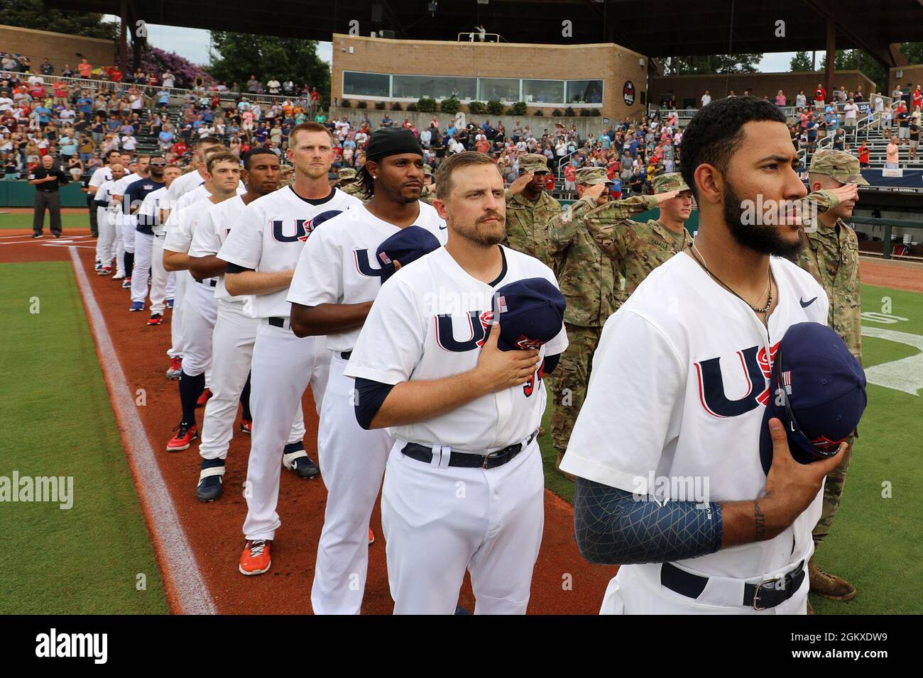 The Usa Baseball Olympic Team Hosts North Carolina National Guard Soldiers At The Usa Baseball National Training Complex In Cary North Carolina July 18 21 The Soldiers During A Ceremony Before The The Usa Baseball Olympic Team Hosts North Carolina National Guard Soldiers At The Usa Baseball National Training Complex In Cary North Carolina July 18 21 The Soldiers During A Ceremony Before The
