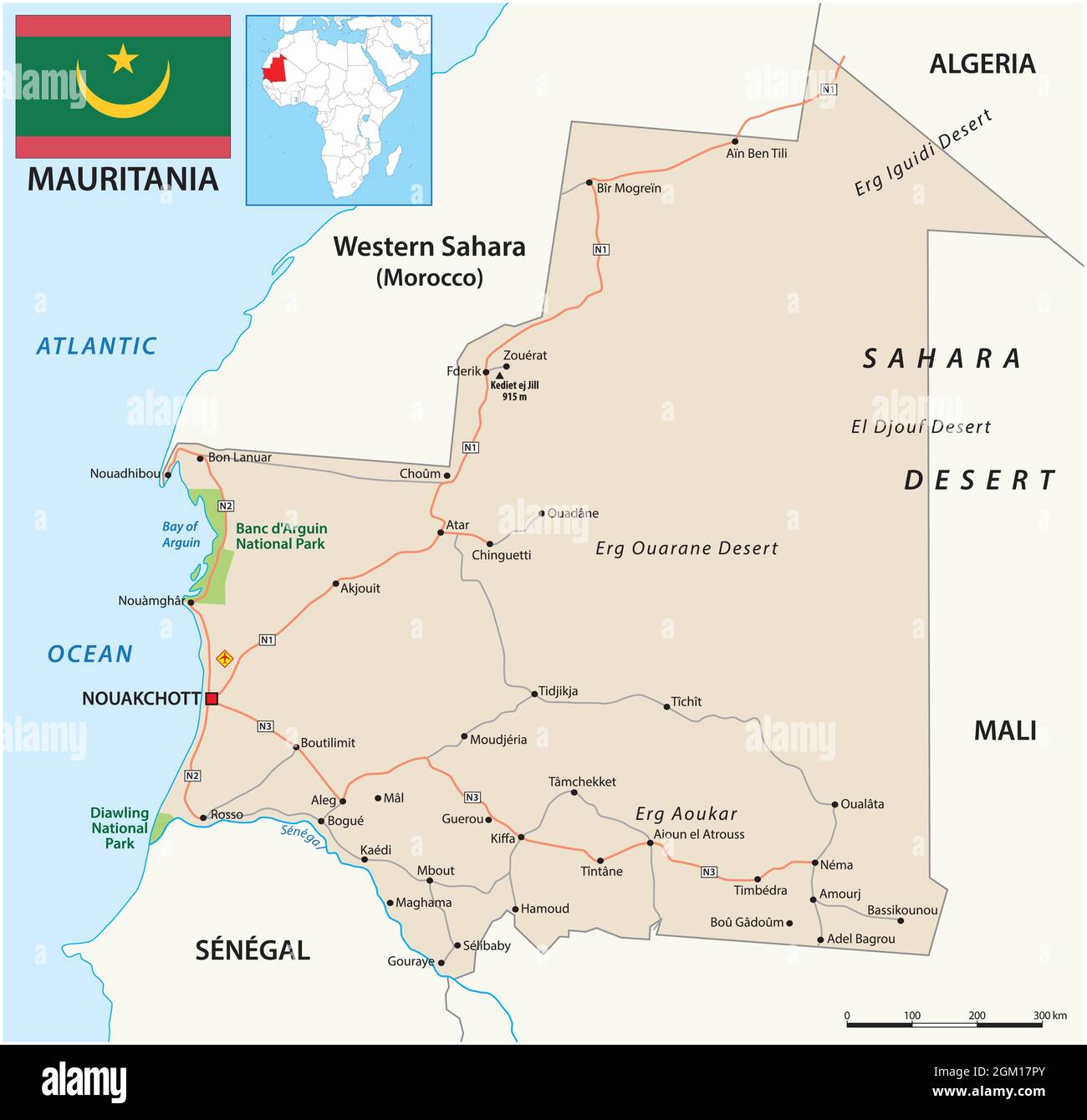 mapa de carreteras de mauritania con bandera Ilustración del Vector