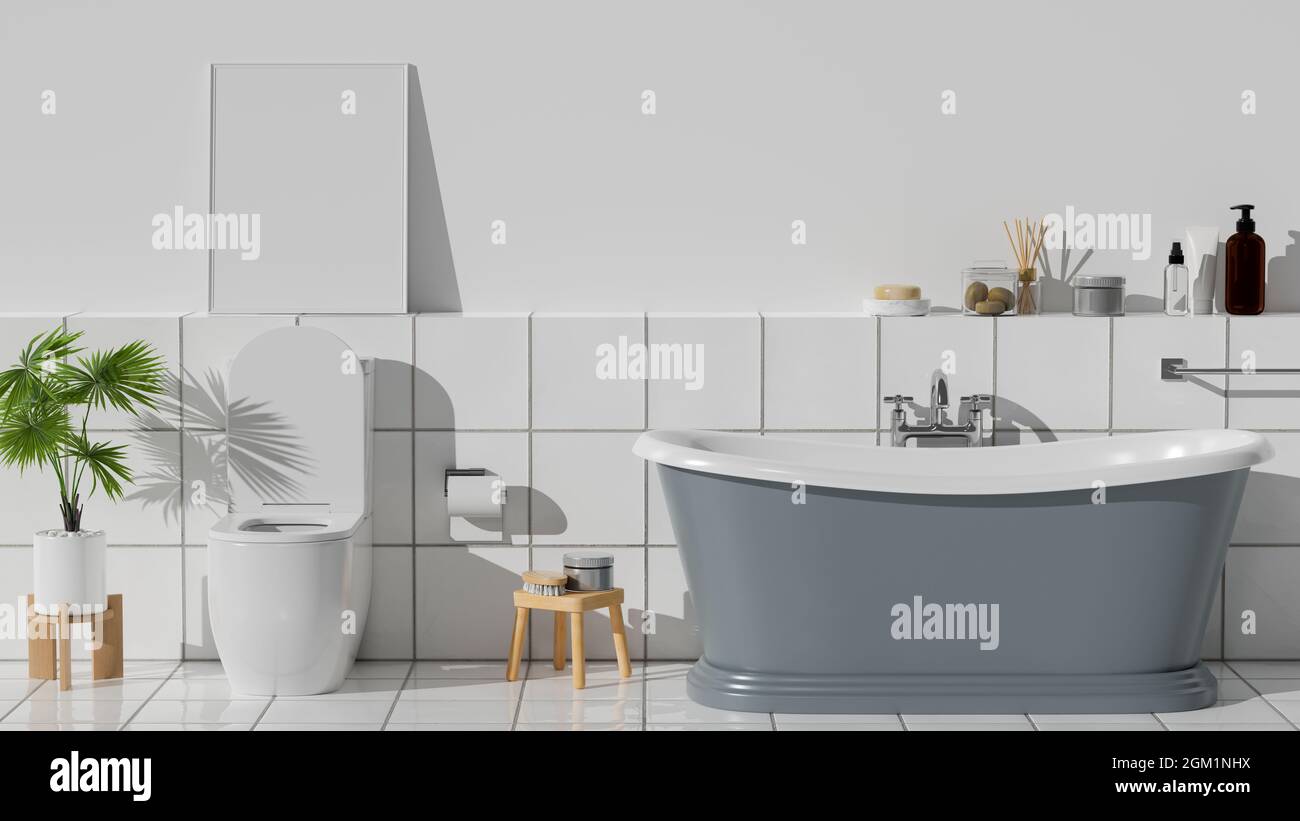 Concepto interior de baño, interior de baño moderno y limpio con bañera  elegante, inodoro, artículos de tocador, accesorios de baño, maqueta de  póster, blanco Fotografía de stock - Alamy