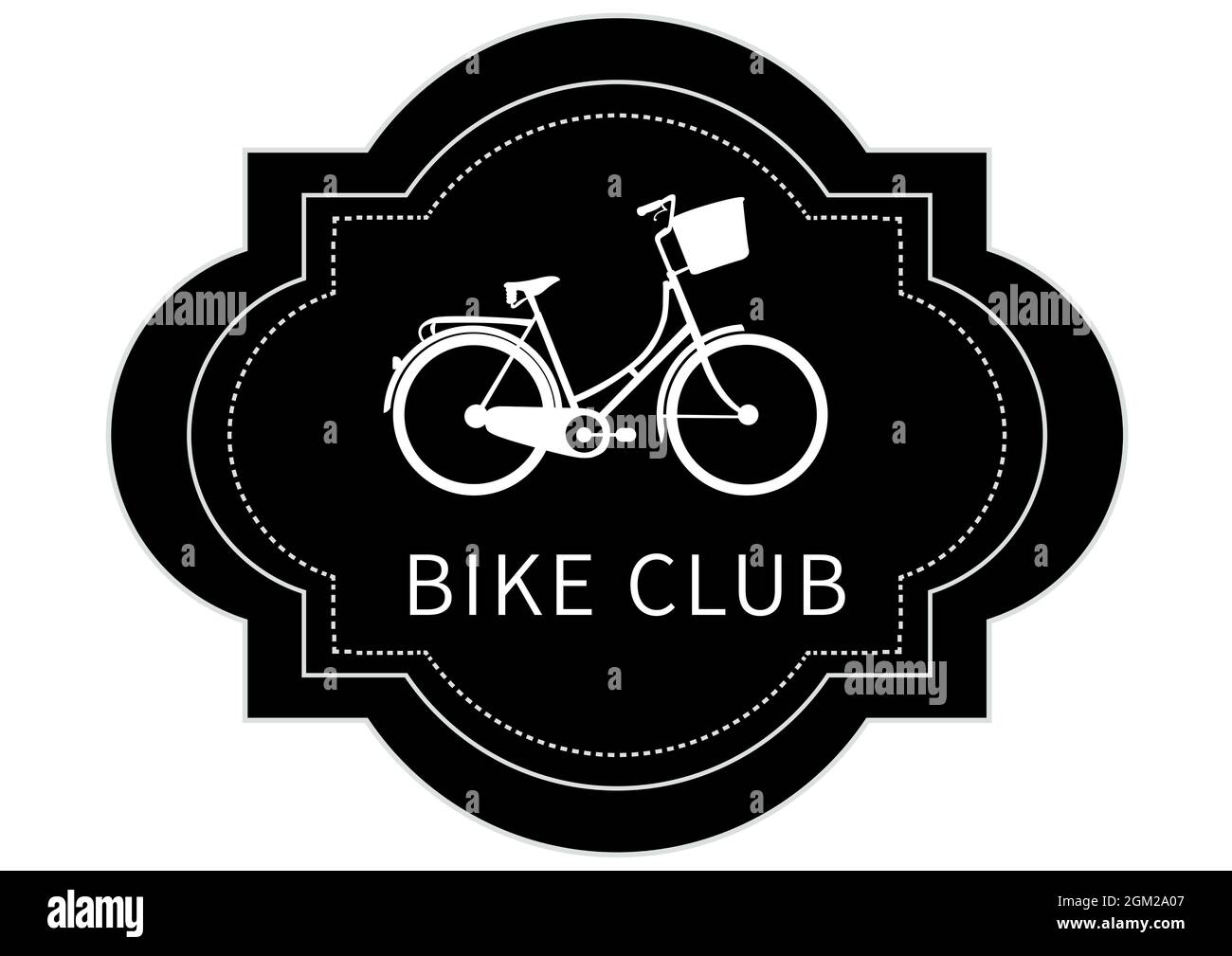 Texto del club de bicicletas con icono de bicicleta en una bandera negra abstracta sobre fondo blanco Foto de stock