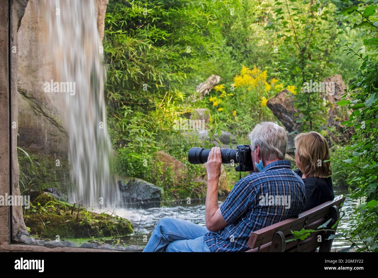 Visitantes tomando fotos con teleobjetivos en el Zoo de Duisburg, jardín zoológico en Renania del Norte-Westfalia, Alemania durante la pandemia del coronavirus Foto de stock