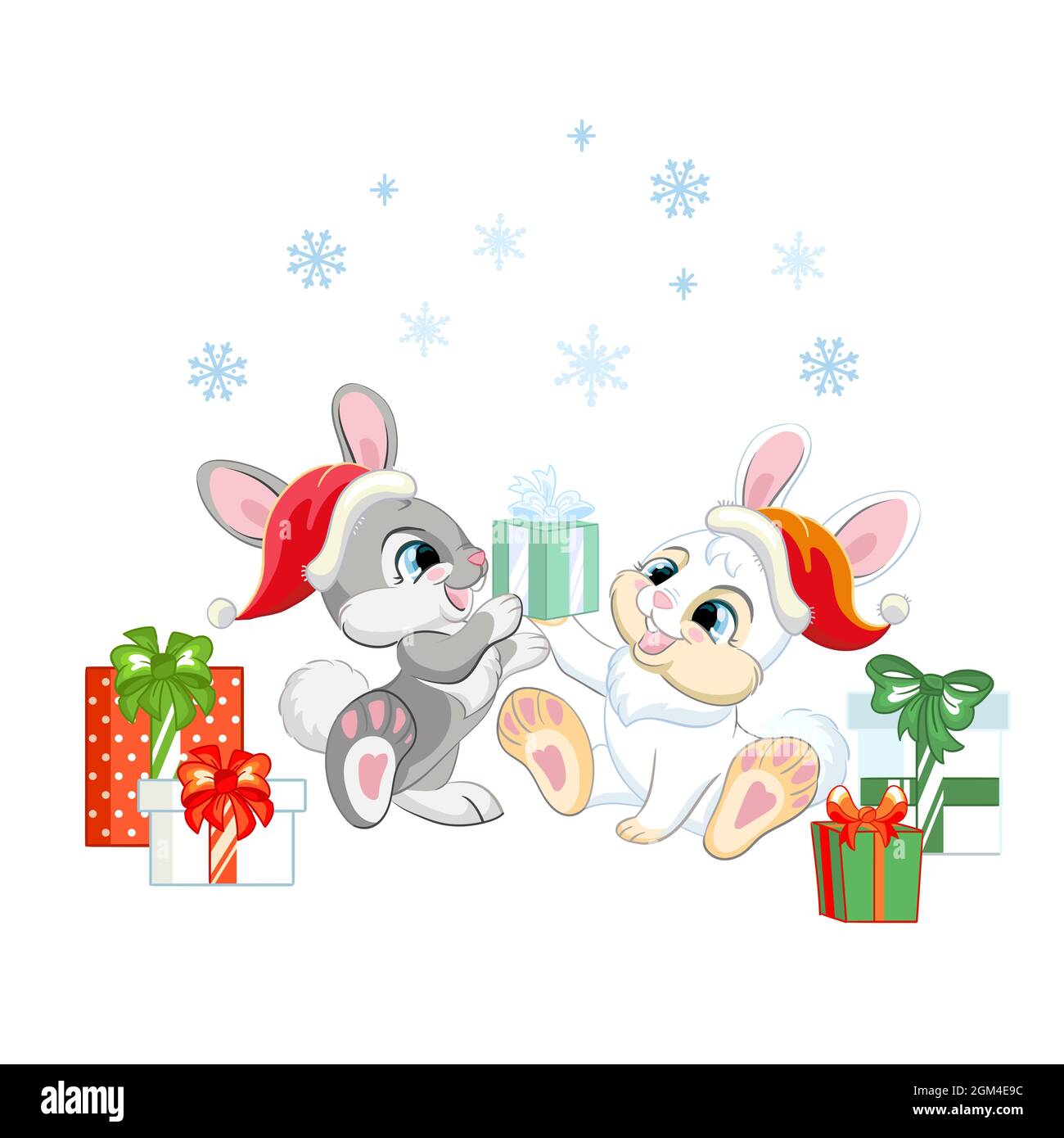 Dos lindos conejos en un sombrero de Navidad con regalos y copos de nieve.  Personaje de conejo de dibujos animados. Ilustración vectorial aislada. Para  postal, carteles, diseño Imagen Vector de stock -