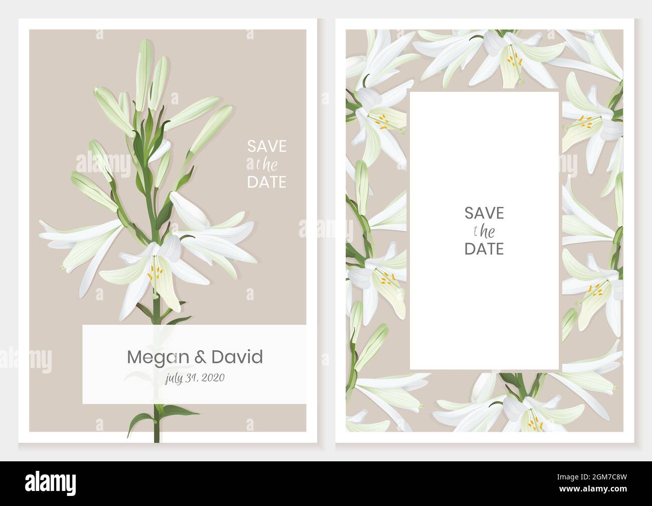 Tarjeta de invitación de boda botánica, diseño de plantilla con lirios blancos sobre fondo beige. Ilustración de vector de stock. Ilustración del Vector