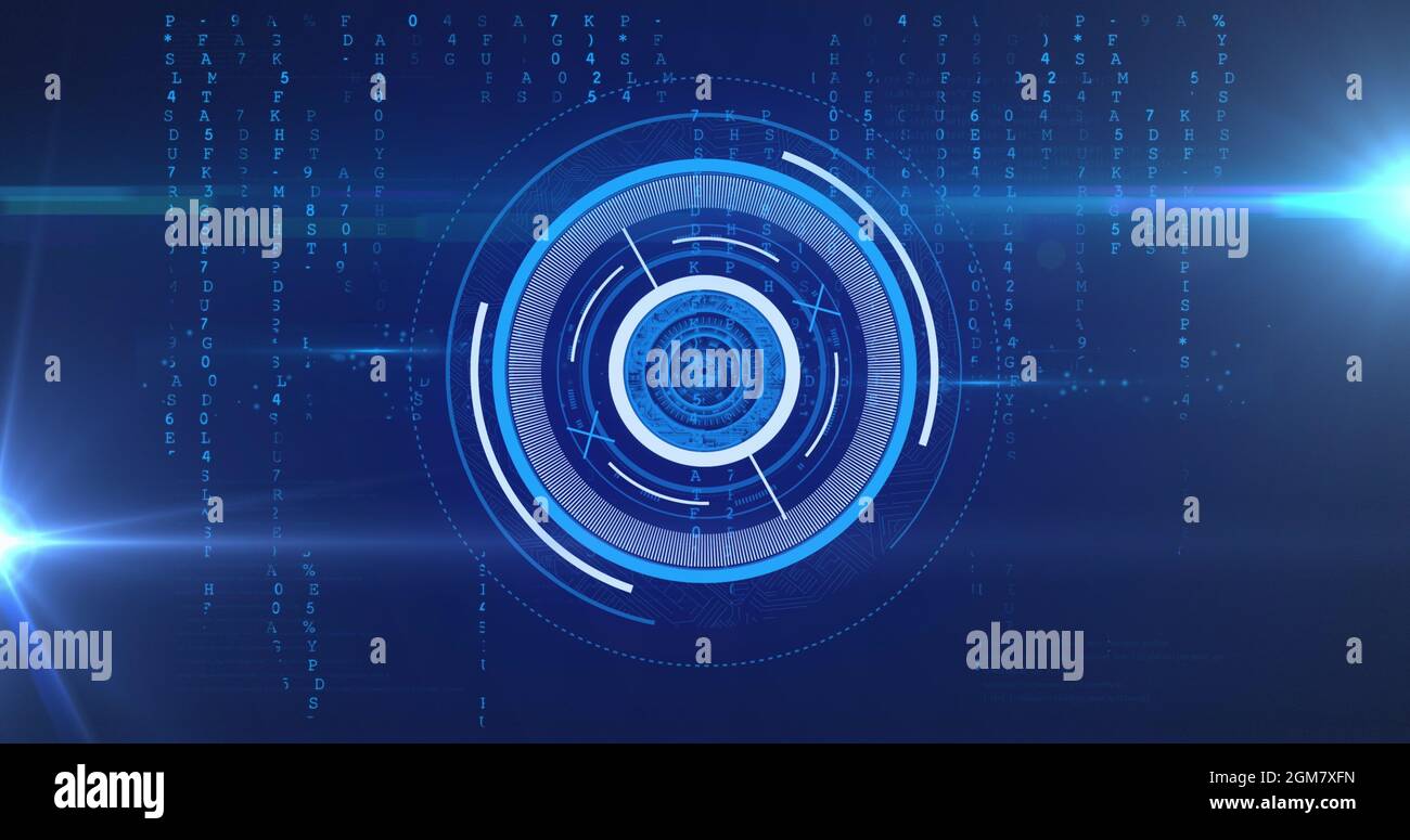 Imagen digital de focos de luz y escáner redondo de neón que gira sobre  fondo azul Fotografía de stock - Alamy