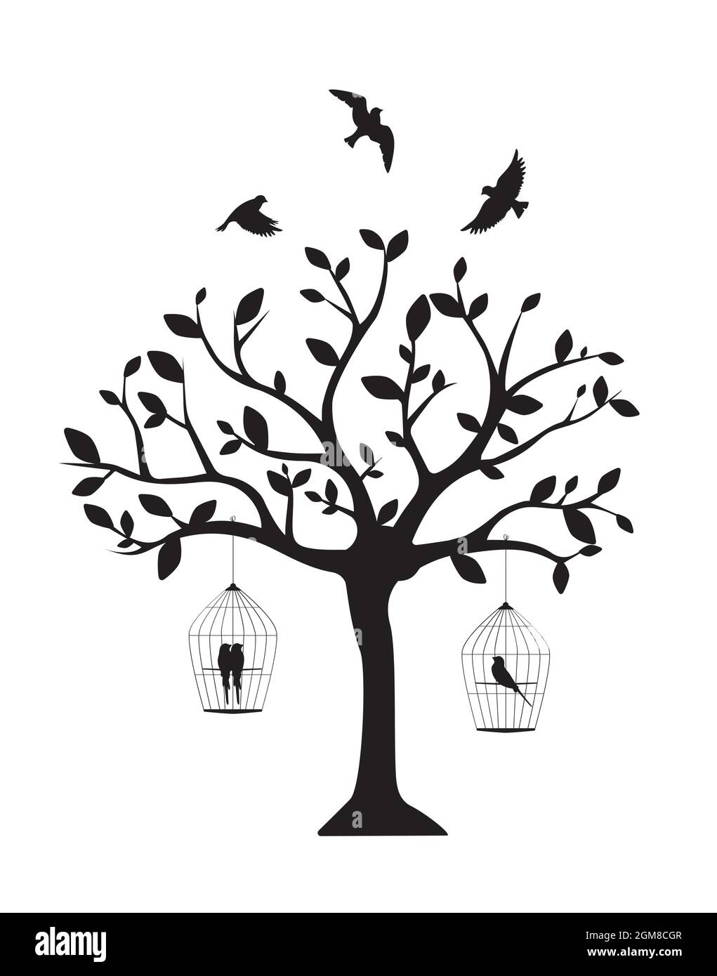 Silueta de árbol con pájaro jaula y siluetas de pájaro volador, vector.  Diseño de dibujos animados infantiles. Diseño artístico en blanco y negro.  Calcomanías de pared, arte de pared, obras de arte