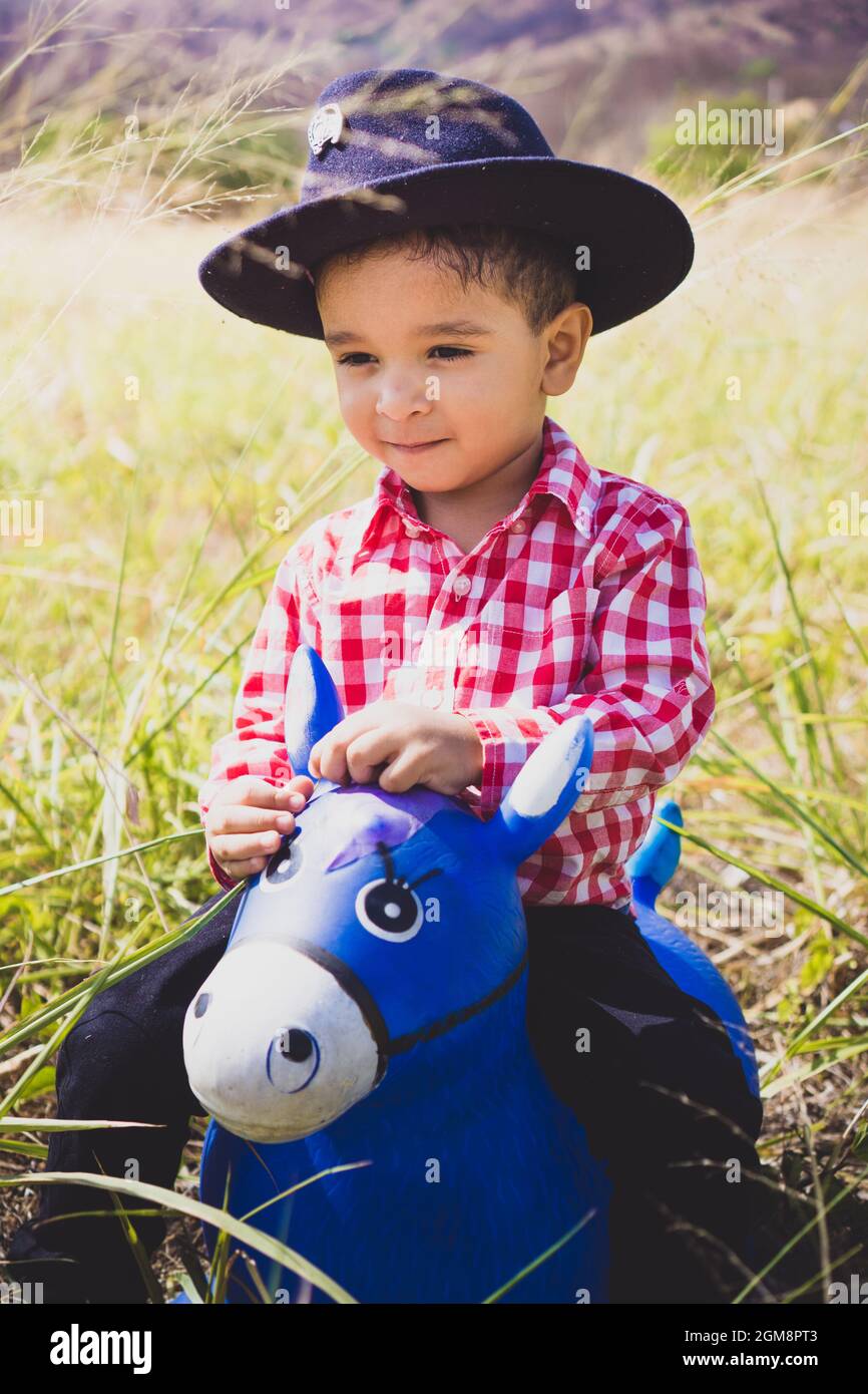 Pack para poner queso péndulo Niño blanco vestido como un vaquero, jugando en el bosque con su caballo de  juguete. Retrato infantil para el día de los niños, moda infantil, moda  rural Fotografía de stock - Alamy