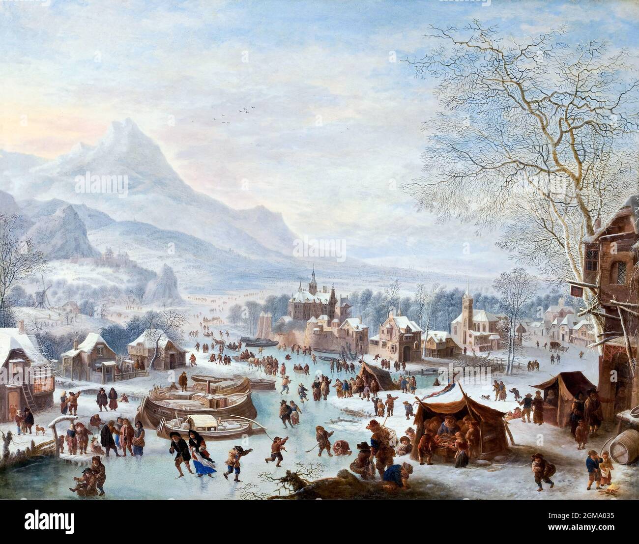 Escena invernal con skaters del artista holandés Jan Griffier (c. 1652 – 1718), aceite sobre cobre Foto de stock