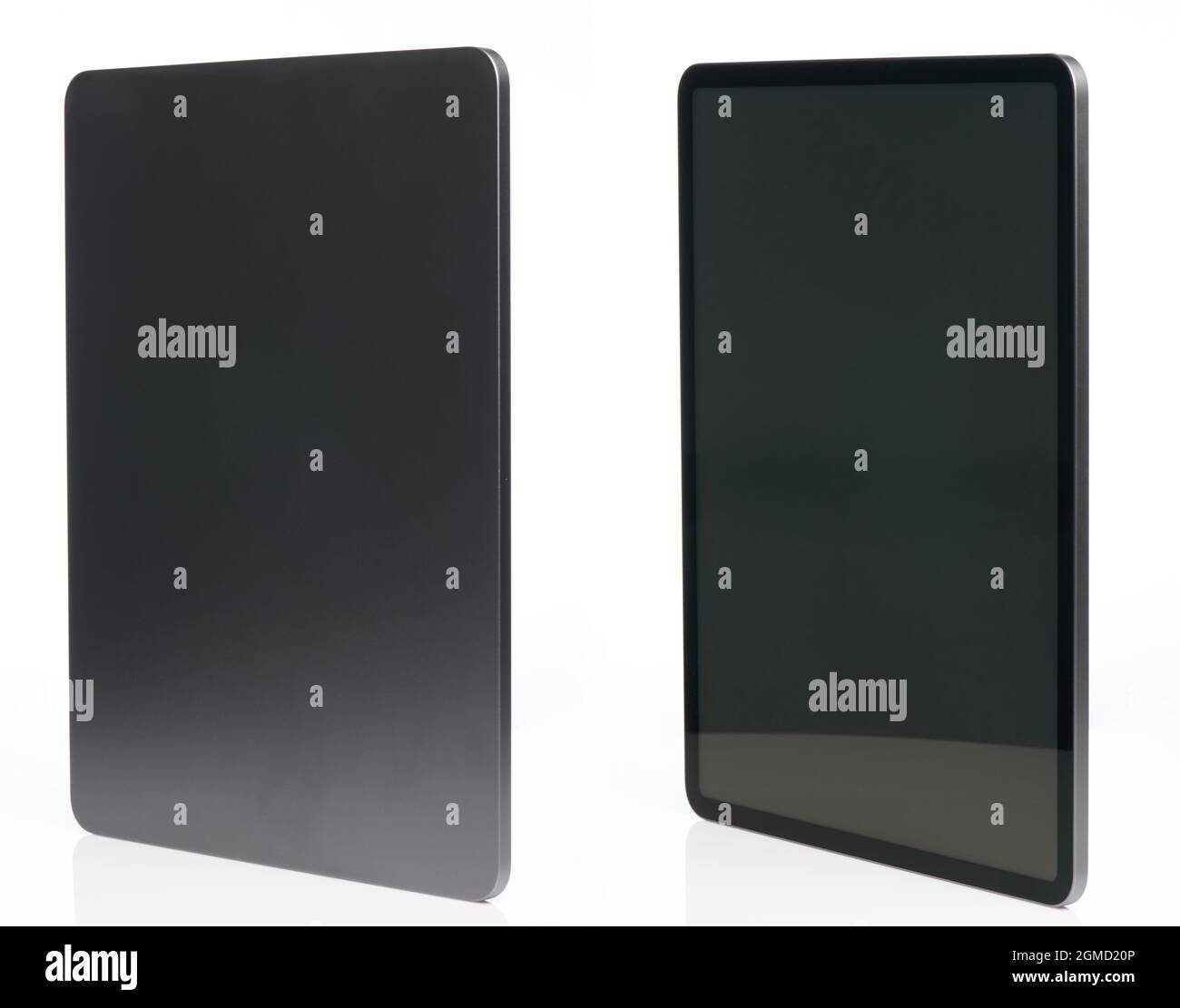 Vista posterior y frontal de la tableta digital de metal gris genérico vista isométrica aislada Foto de stock