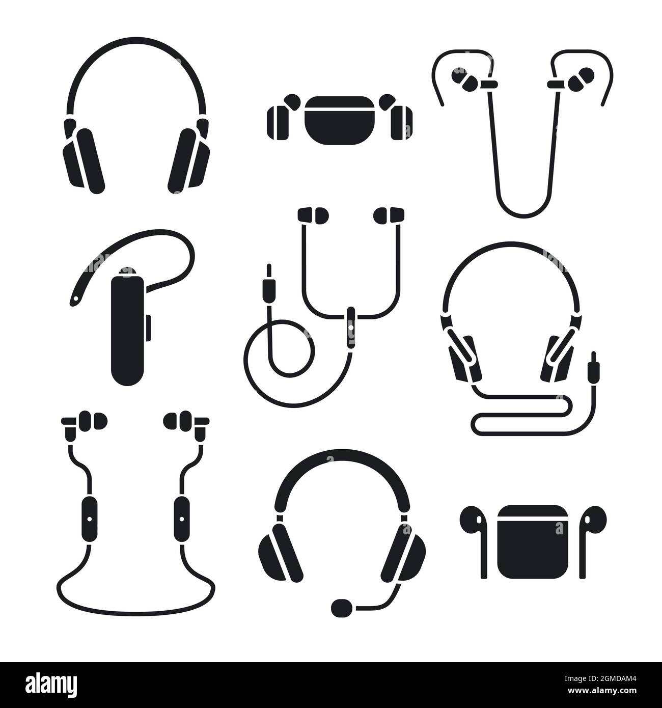 Ilustración Conjunto de iconos de los diferentes tipos de auriculares en  blanco y negro Imagen Vector de stock - Alamy