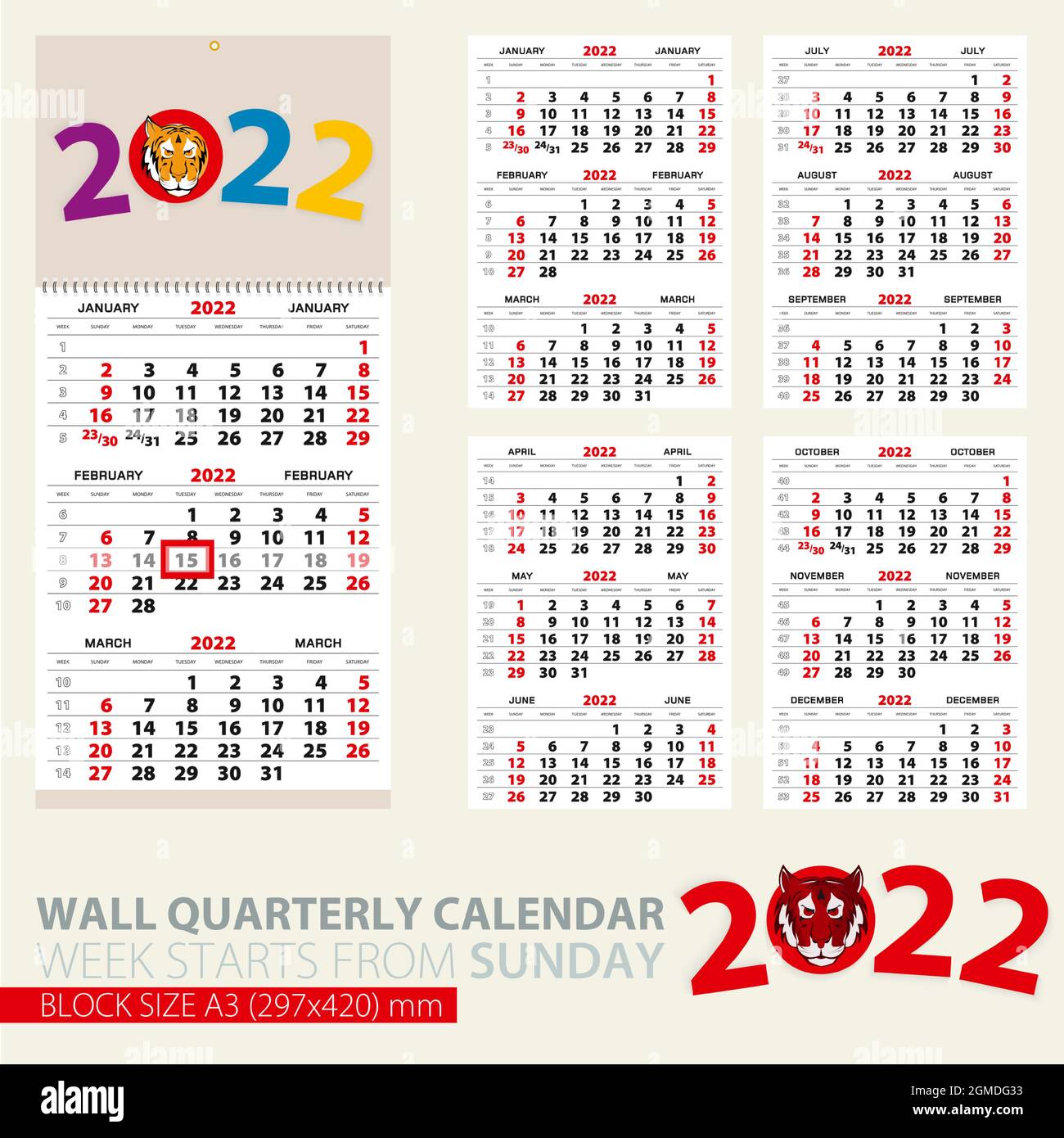 Imprimir plantilla del calendario trimestral del muro para 2022 años. Año  del Tigre. La semana comienza el domingo Imagen Vector de stock - Alamy