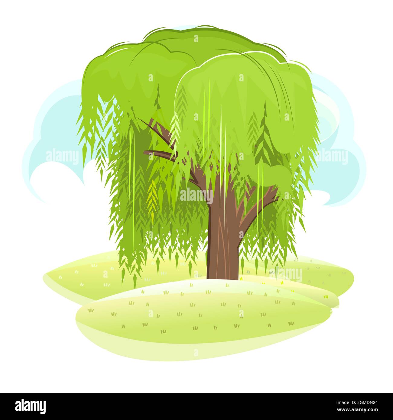 Árbol. Verde paisaje rural con colinas y colinas. Estilo de dibujos