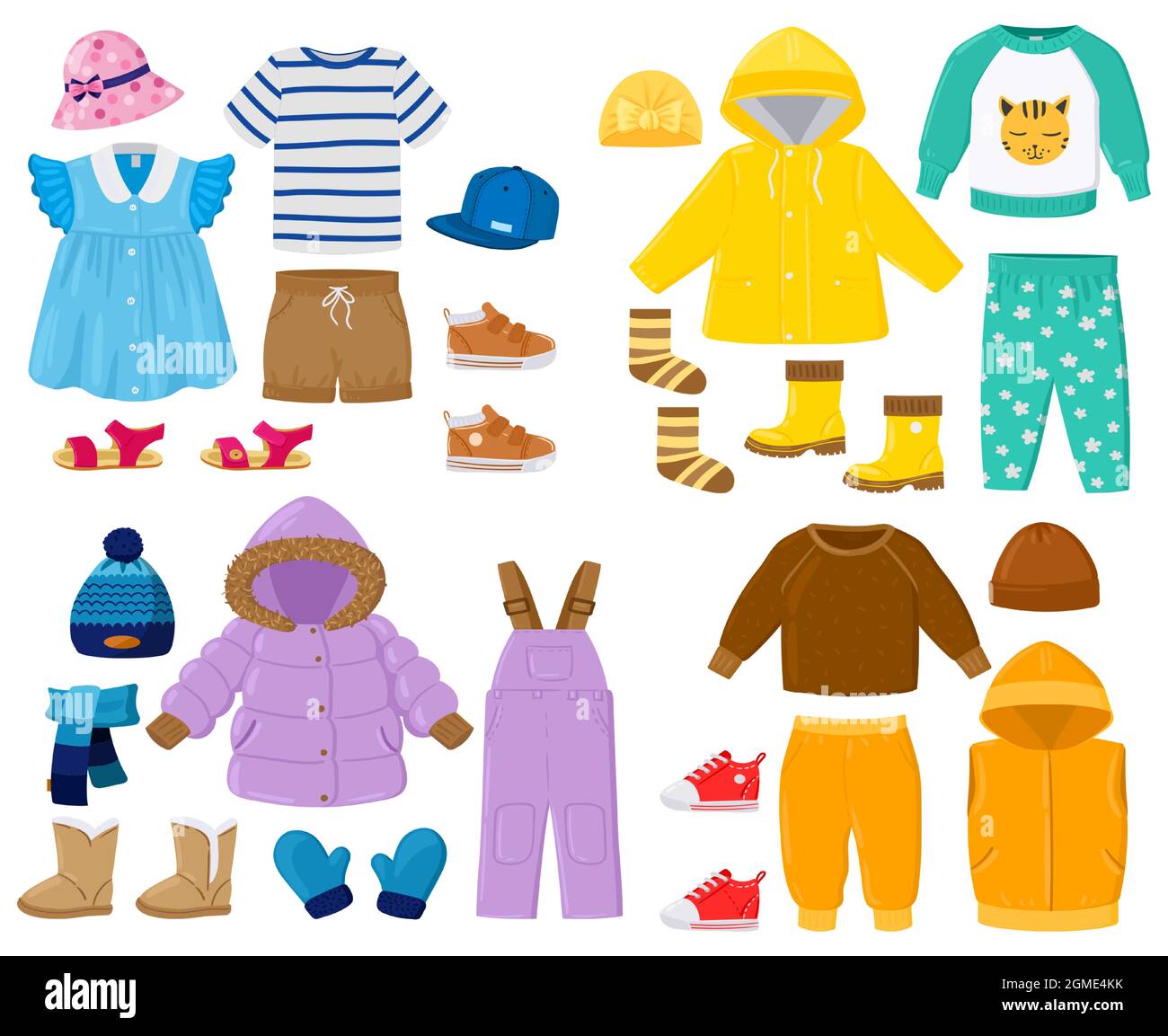 Dibujos animados niños ropa de temporada de primavera, verano, otoño. Puffer chaqueta, pantalones, camisa, sandalias niños ropa ilustración vector conjunto. Bebé Vector stock - Alamy