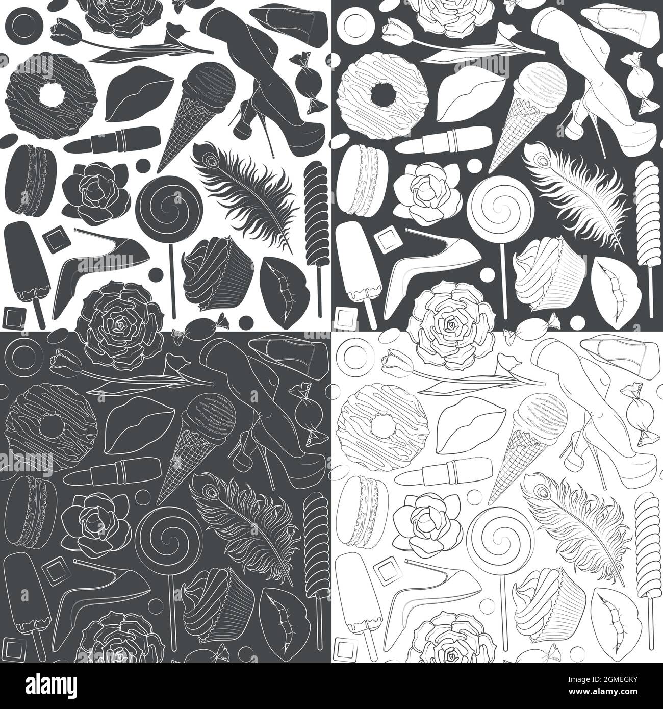 Conjunto de patrones ilustraciones femeninas glamorosas. Patrón vectorial sin costuras en blanco y negro. Ilustración del Vector