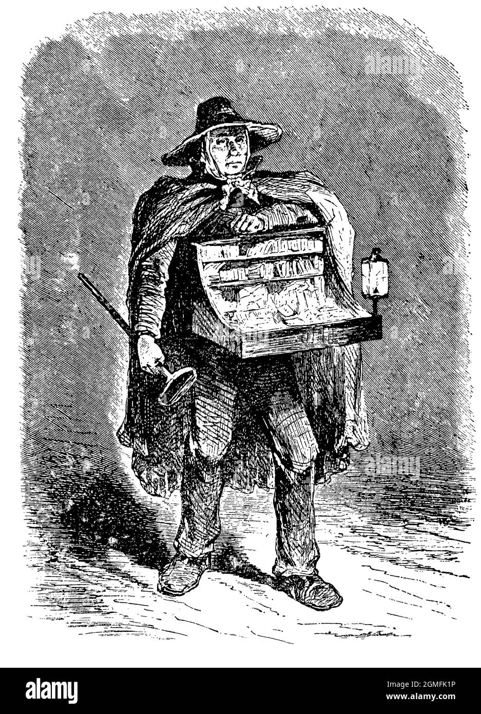 España. Siglo XIX Comercio ambulante. Vendedor de papel de fumar y fósforos. Grabado de 1940. Foto de stock
