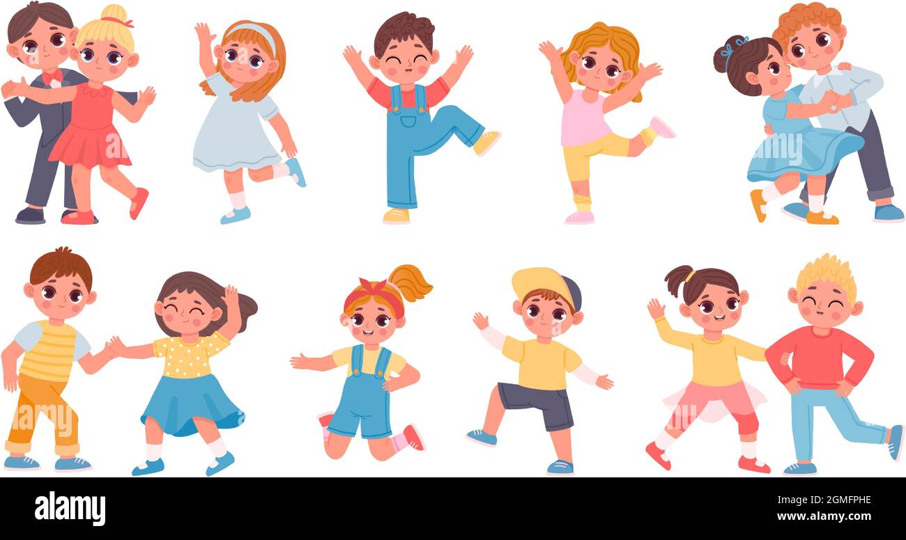 Lindos niños de dibujos animados niños y niñas bailando en parejas. Los  niños del jardín de infancia bailan vals, salte y Que se divierta. Juego de  vectores de caracteres infantiles felices Imagen