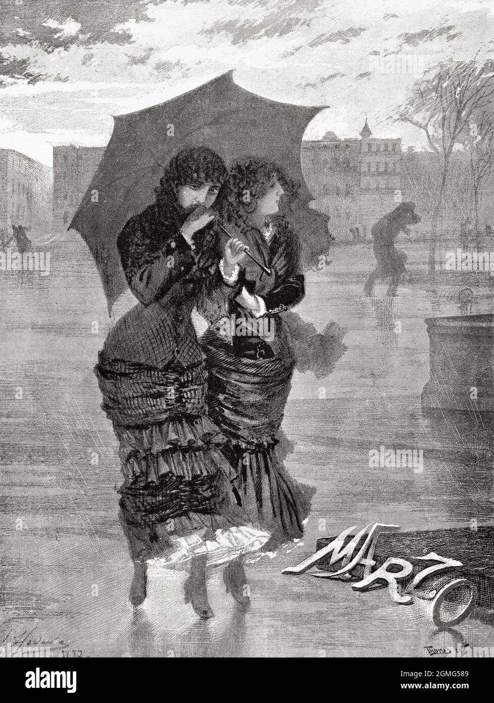 Alegoría del mes de marzo, dos mujeres caminando bajo la lluvia con un paraguas de Josep Llovera i Bufill (1846-1896) fue un pintor e ilustrador de periódicos catalanes. Antigua ilustración del siglo 19th grabada de La Ilustración Artística 1882 Foto de stock