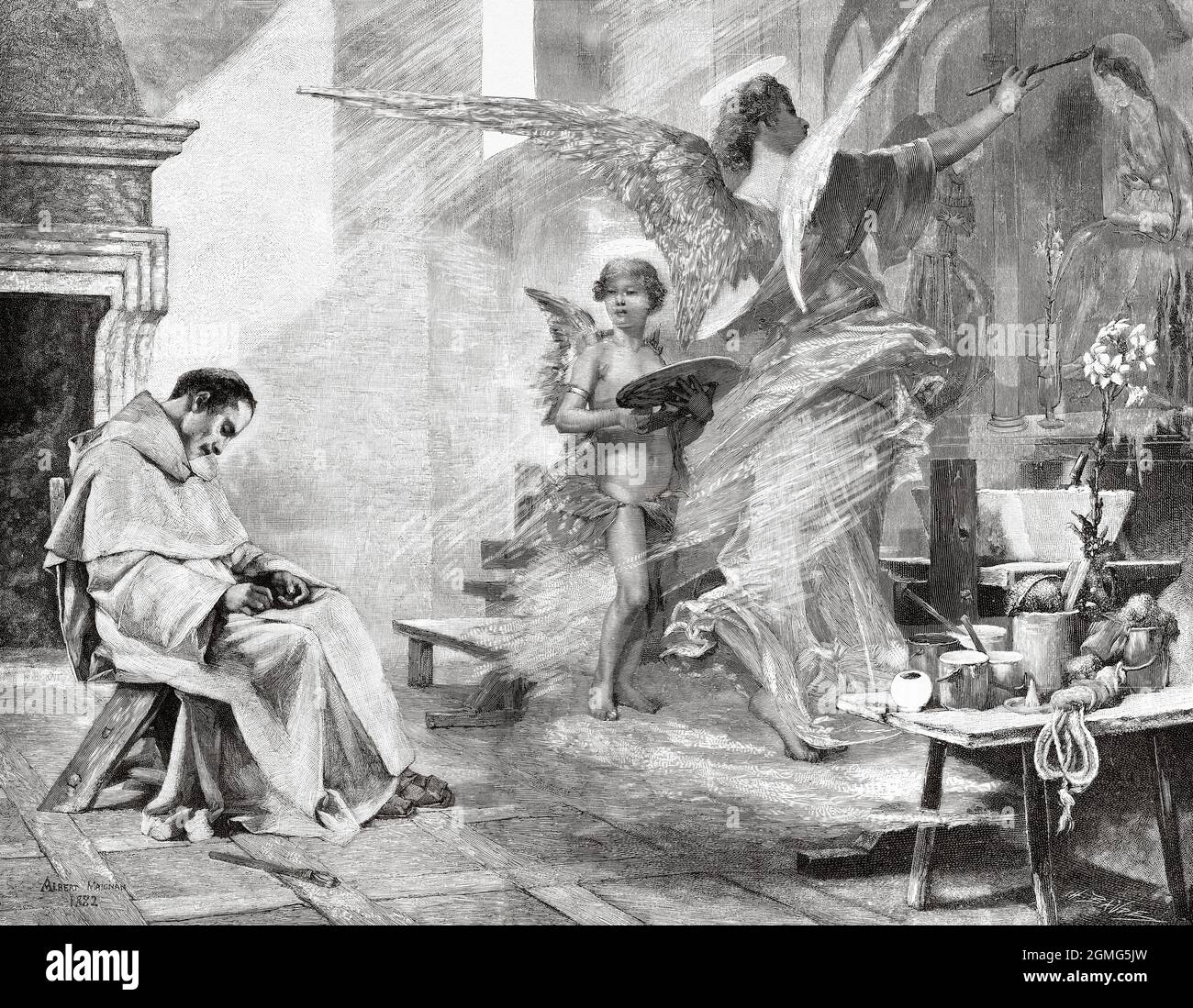 El sueño de Fra Angelico, pintura de Albert Pierre René Maignan (1845-1908) fue un pintor e ilustrador de historia francés. Antigua ilustración del siglo 19th grabada de La Ilustración Artística 1882 Foto de stock