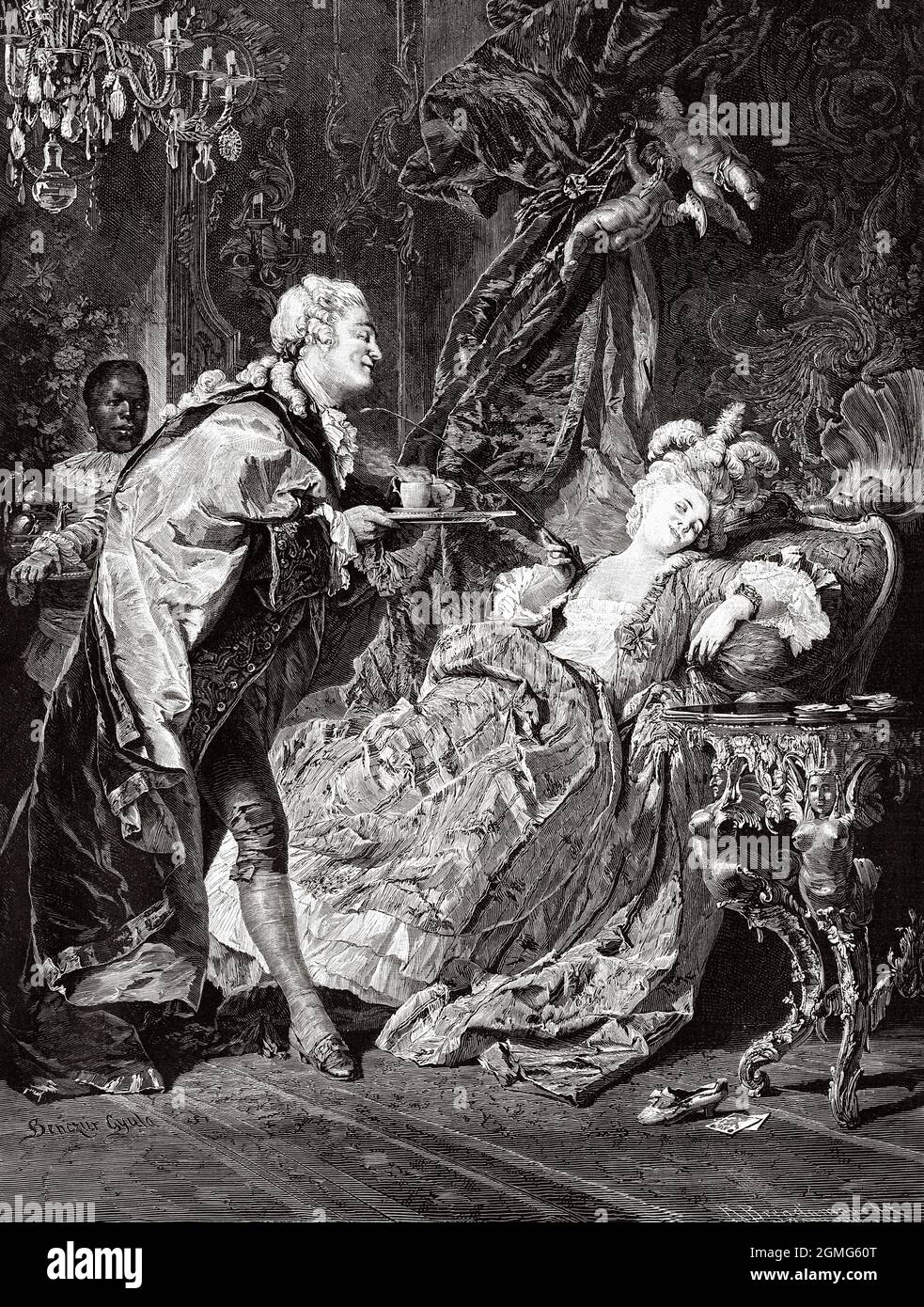 El rey Luis XV en Madame du Barry Cabinet, pintado por Gyula Benczúr (1844-1920) fue un pintor y profesor de arte húngaro. Me he especializado en retratos y escenas históricas. Antigua ilustración del siglo 19th grabada de La Ilustración Artística 1882 Foto de stock