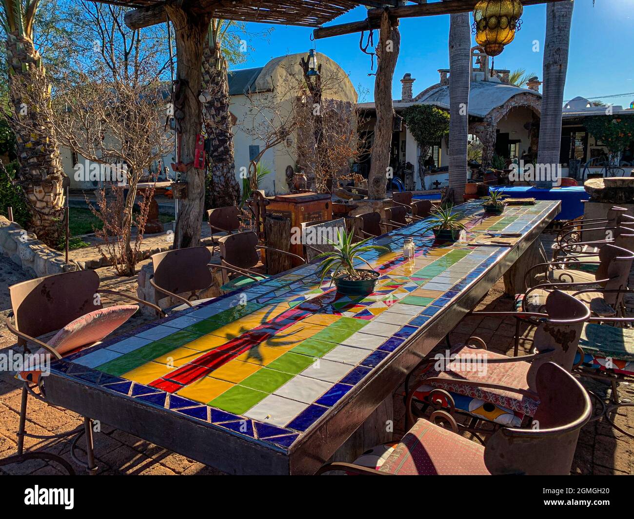 Mesa de comedor de jardín decorada con azulejos de colores, plantas bajo  techo de madera al aire libre en el jardín en la ciudad de Ues, Sonora,  México. Estado real, Hacienda Labrador,