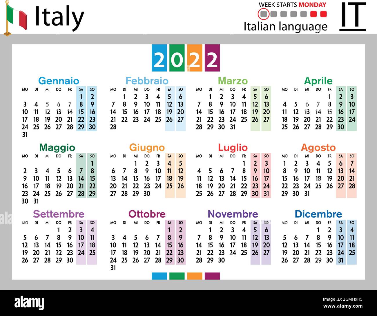 Calendario de bolsillo horizontal italiano para 2022 (dos mil veintidós).  La semana comienza el lunes. Año nuevo. Diseño sencillo en color. Vector  Imagen Vector de stock - Alamy
