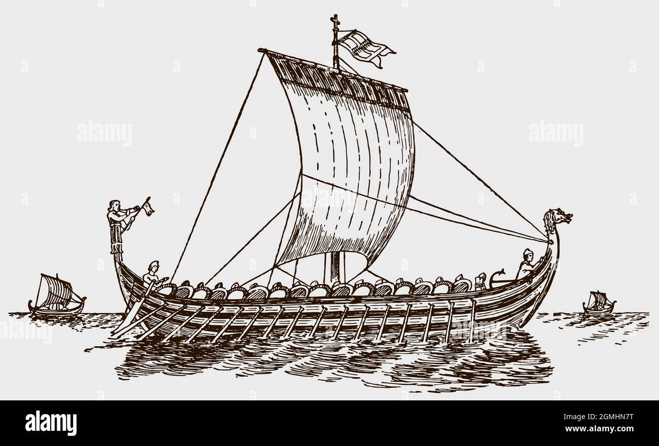 Tres antiguos barcos normandos históricos en el mar Ilustración del Vector