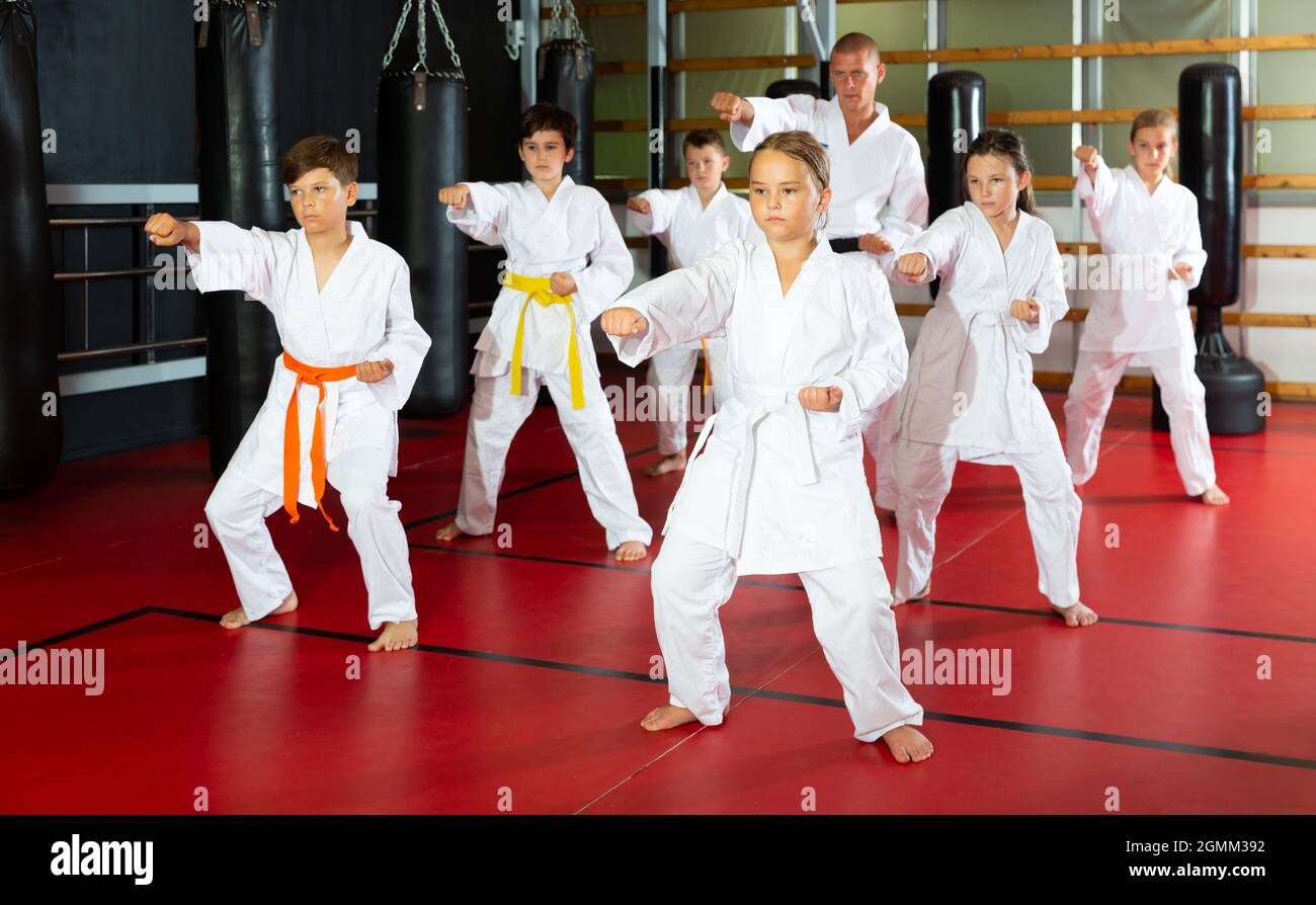 Niños en taekwondo entrenamiento, entrenamiento de los movimientos de  ataque Fotografía de stock - Alamy