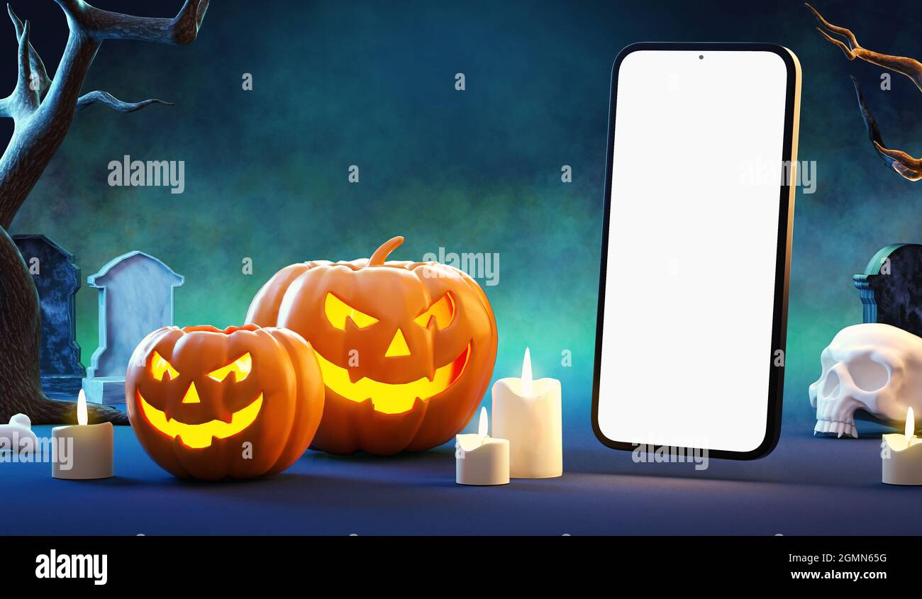 Halloween móvil mockup pantalla en blanco en una misteriosa escena nocturna con calabazas y niebla. Plantilla de aplicación para teléfono móvil de Halloween feliz Foto de stock