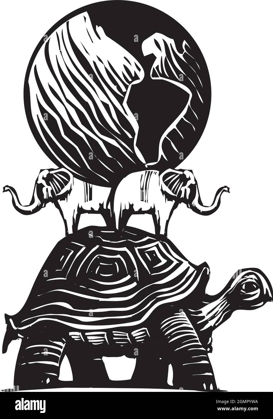 Ilustración de estilo expresionista de corte en madera de un globo de la tierra que monta en la parte posterior de una tortuga y elefantes Ilustración del Vector